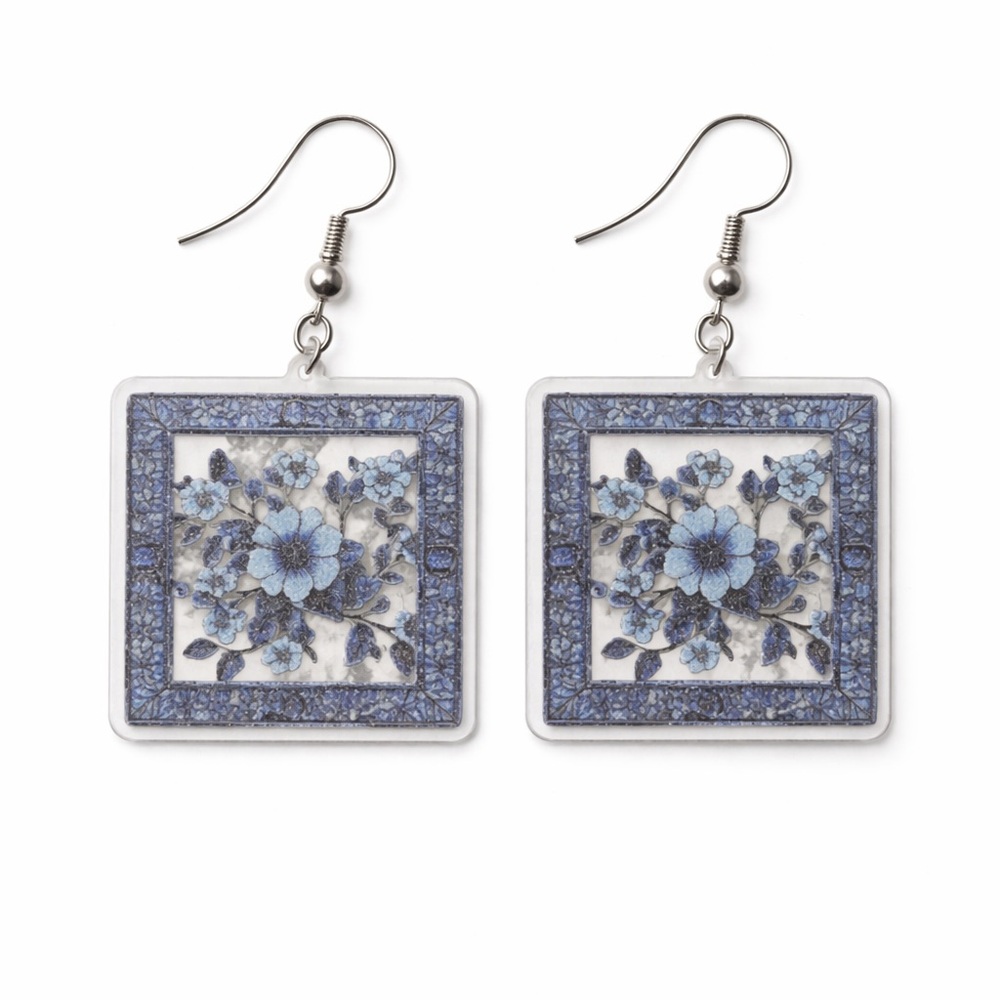Square Floral Earrings with Blue and White Design